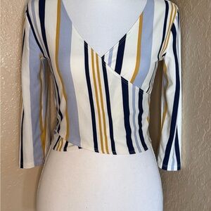 Streetwear Society Multicolor Striped Long Sleeve wrap plunge neck fitted Top